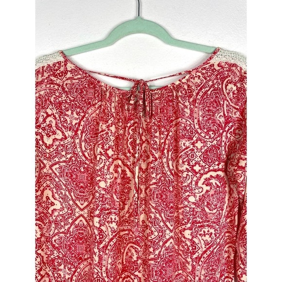 Chelsea & Theodore Boho Paisley Red White Blouse XS Elegant Casual Lace Detail - Picture 7 of 8